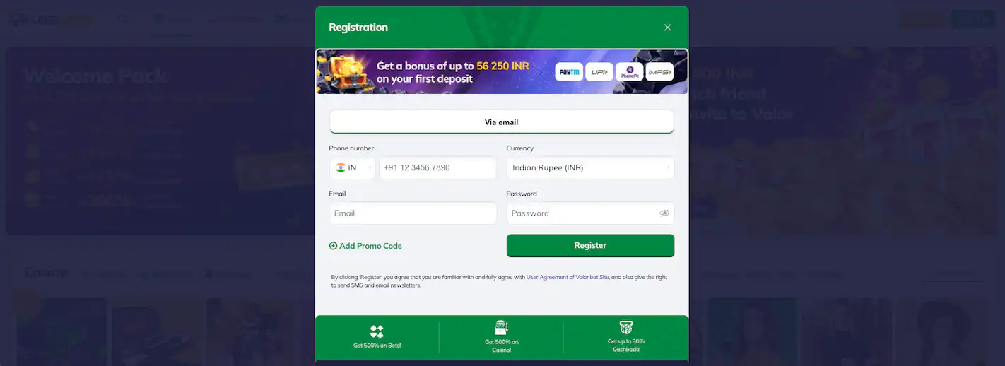 ValorBet Login in Casino